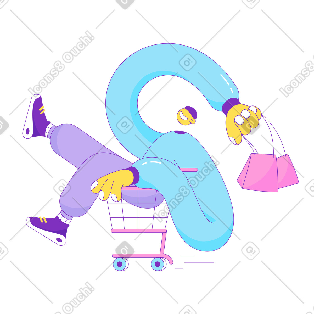 Illustration Guy roulant dans un panier avec des sacs ses mains le style Elastic à télécharger aux formats PNG, SVG