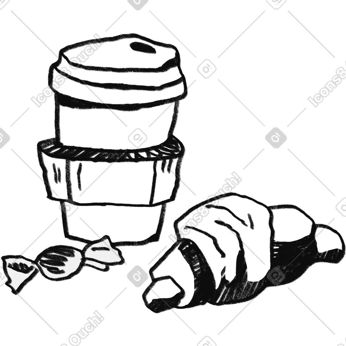 Minimal black line paper cup of coffee, croissant and candy illustration in Experimental style download in PNG, SVG