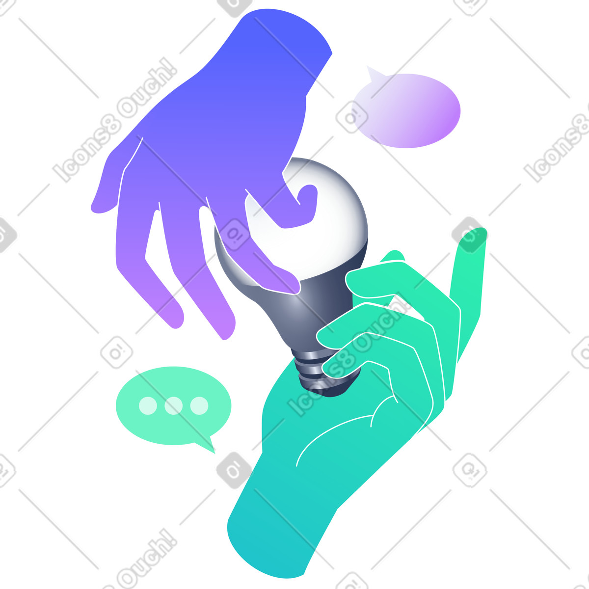 Lucent スタイルの チャットの吹き出しが付いた電球を持っている 2 つの手 のイラストをPNG、SVG形式でダウンロード