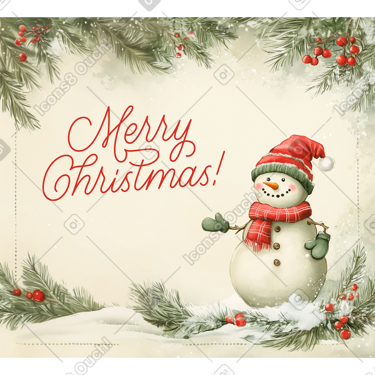 Christmas postcard with snowman and text Merry illustration in Postcards style download in PNG, SVG