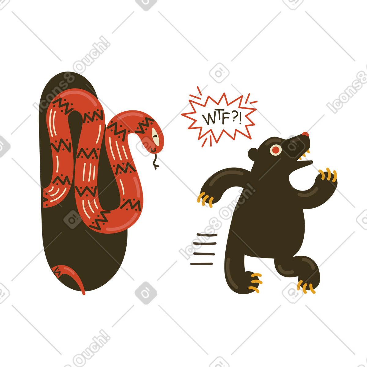 下载 Arabica 风格的 Scared bear running away from snake, Fatal error or bad gateway concept 插画，支持 PNG、SVG 格式