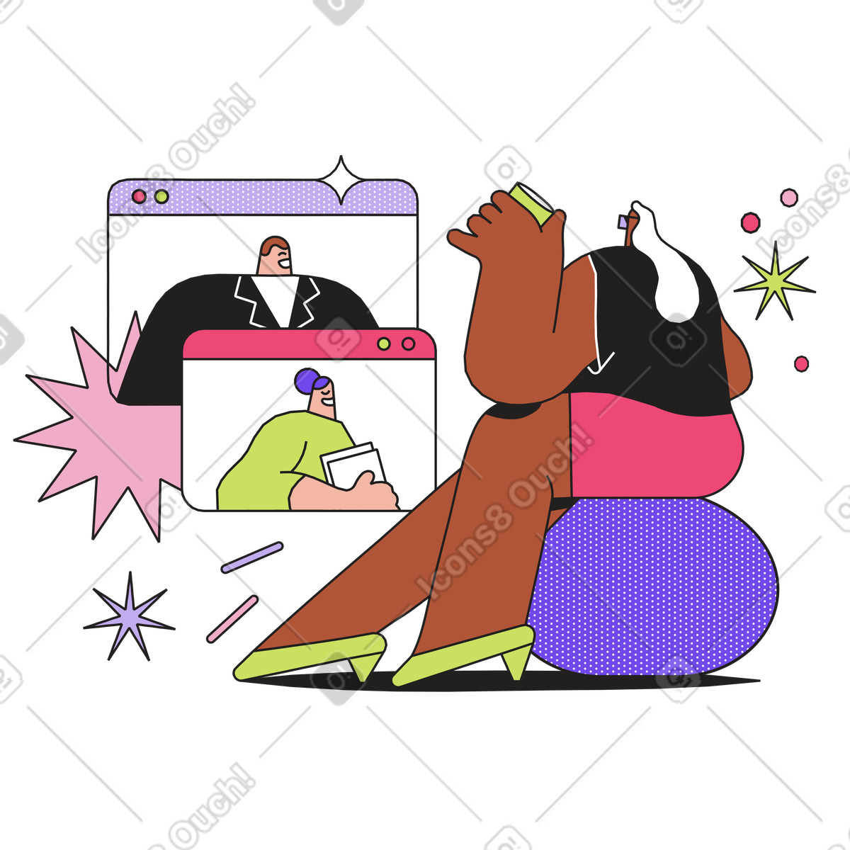 Colleague using fitness ball during video call, Healthy remote work setup-Illustration im Dazzle-Stil als Download in PNG, SVG