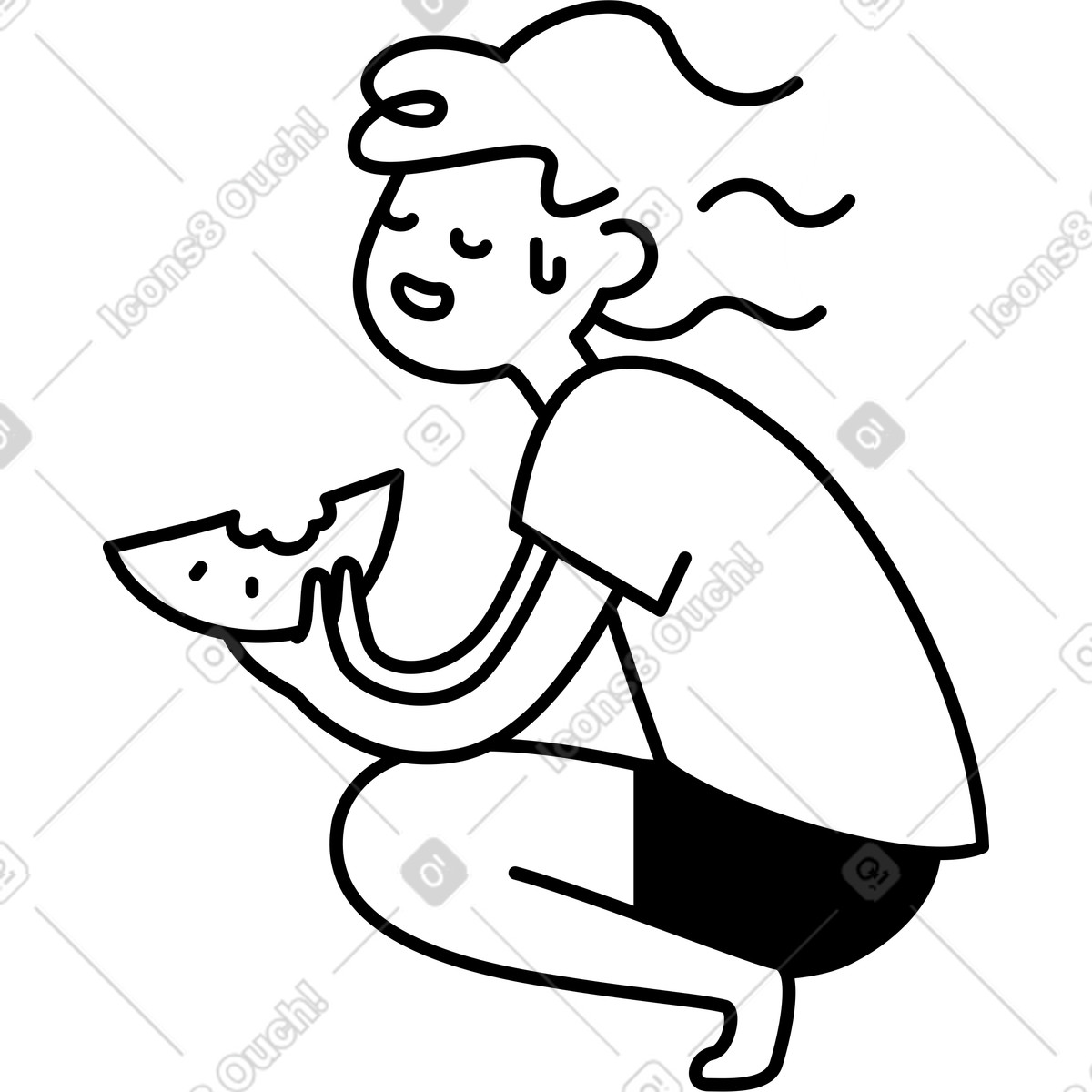 Notion Line Art スタイルの Watermelon slice held by squatting character enjoying juicy summer snack のイラストをPNG、SVG形式でダウンロード