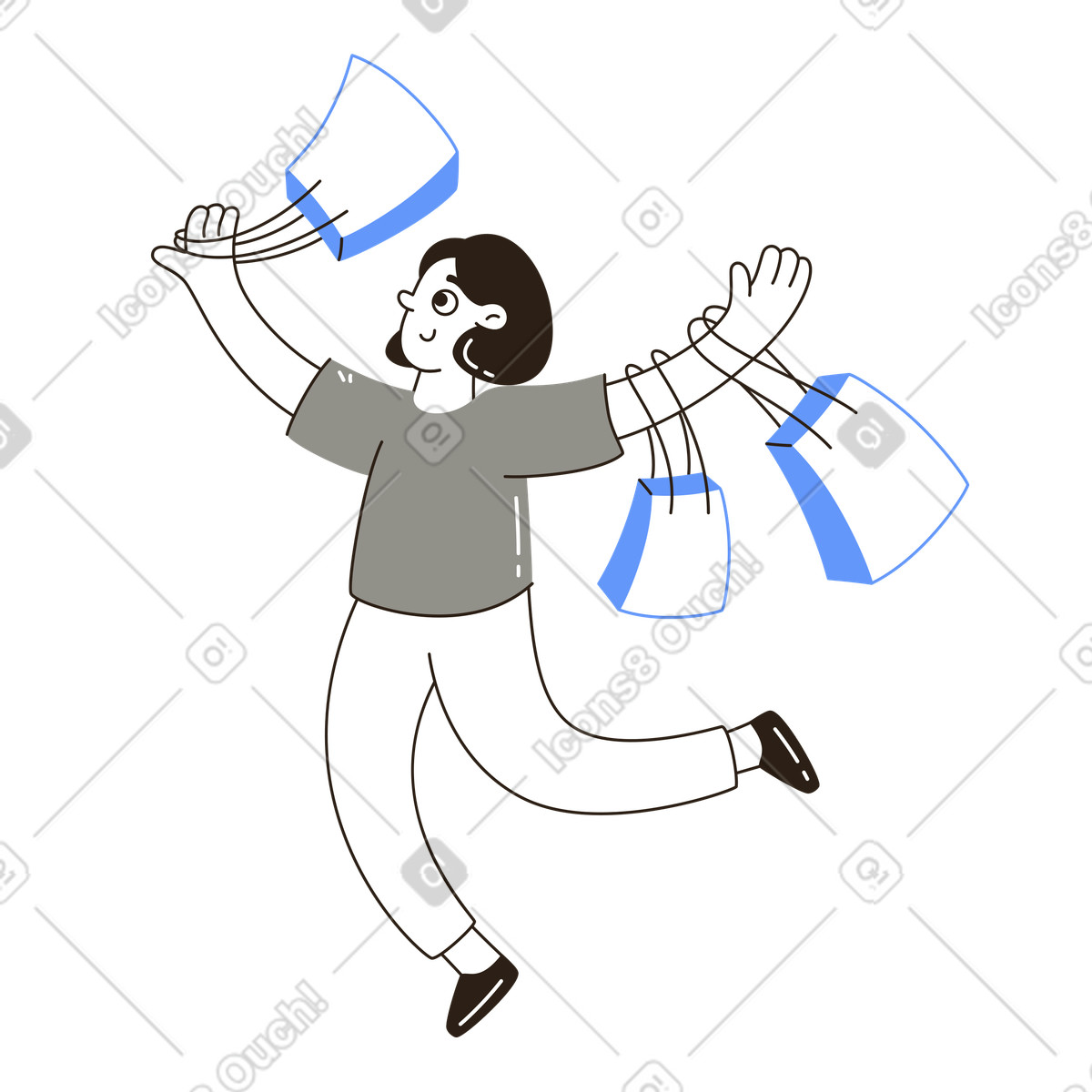 Cliente che salta con le borse della spesa, acquisti al dettaglio e gioia del consumatore illustrazione in stile Plain scarica in PNG, SVG