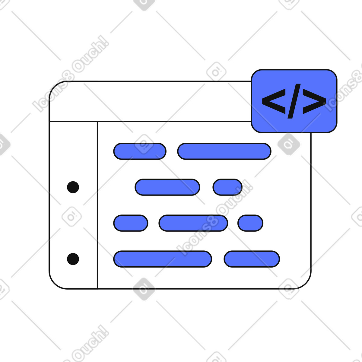 Programming interface displaying source code snippets for web development projects-Illustration im Main-Stil als Download in PNG, SVG