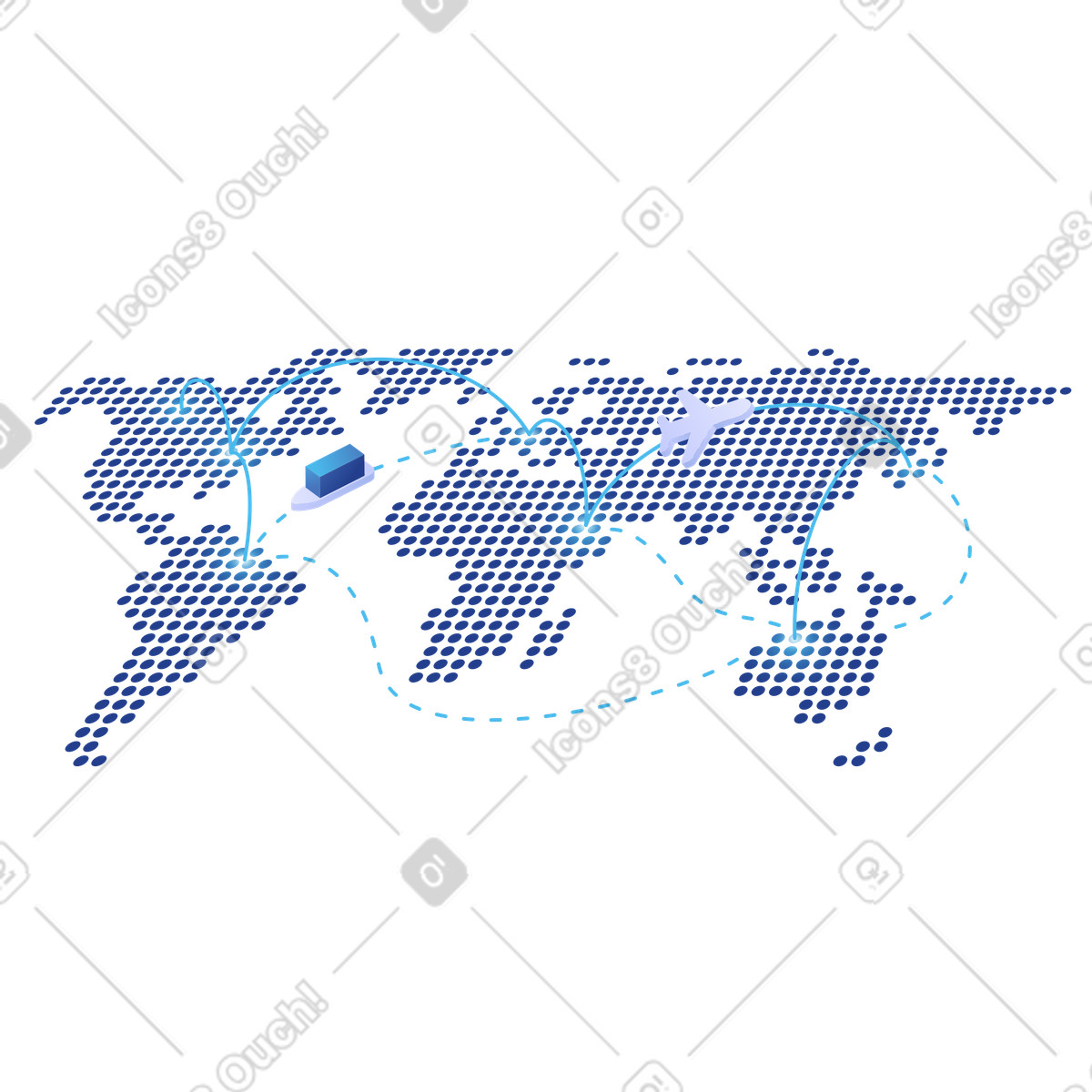 Mappa del mondo con aereo e nave, catena di fornitura globale e rete logistica multimodale illustration in PNG, SVG