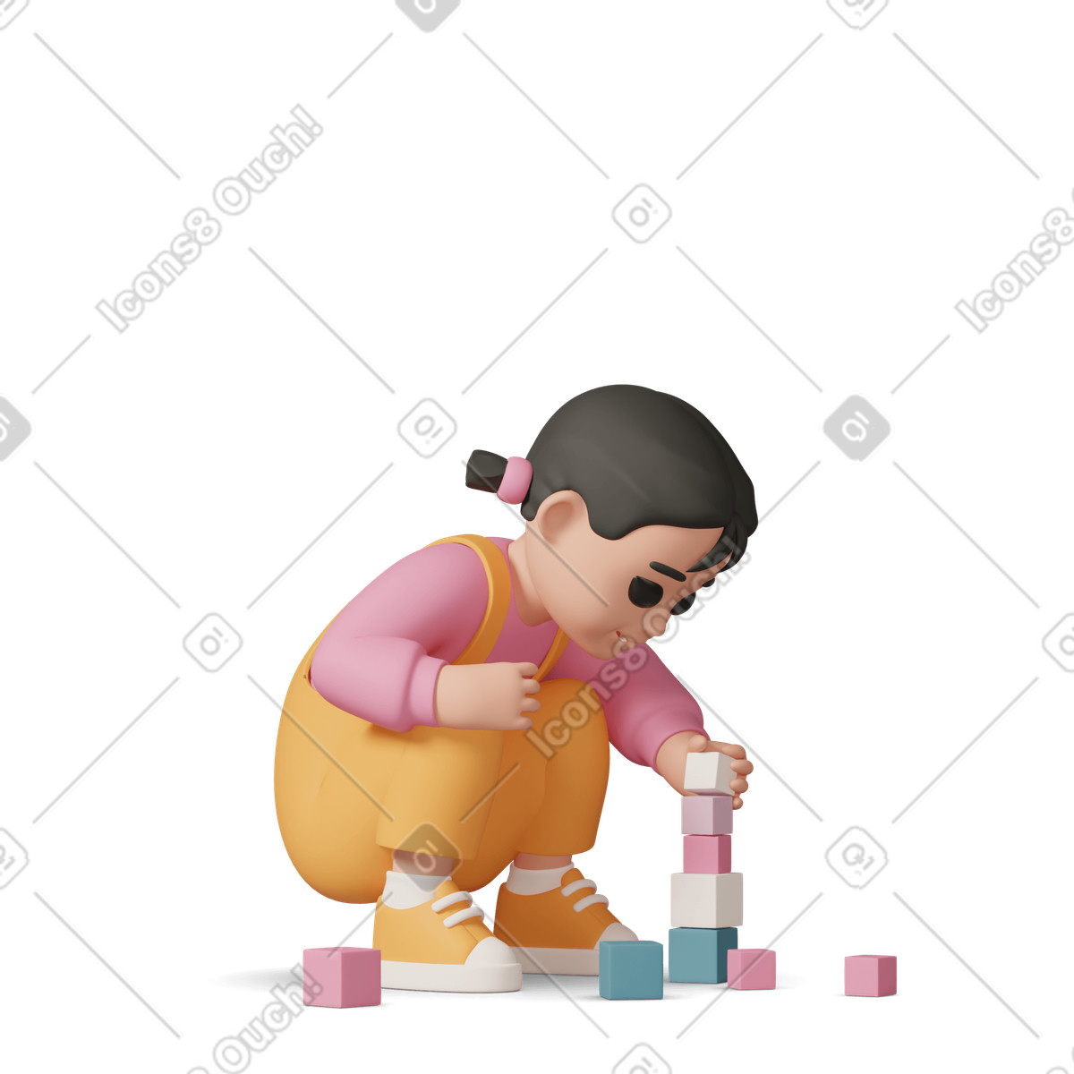 3D Casual life 스타일의 Little girl playing with cubes 일러스트레이션 PNG, SVG 다운로드