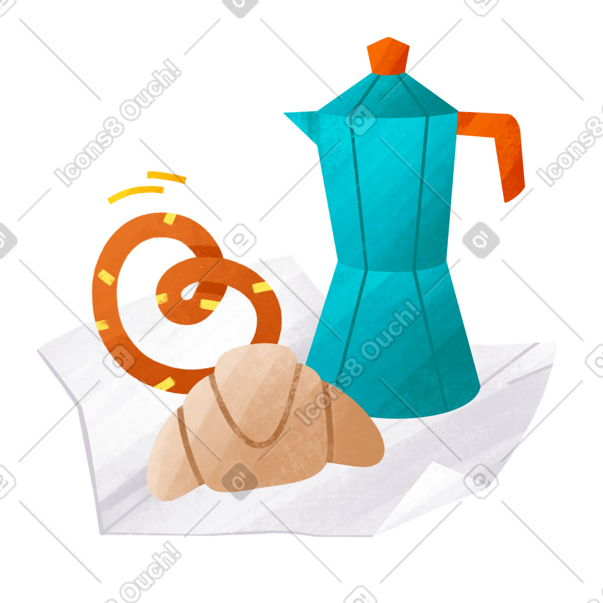Morning coffee break, maker with croissant and pastry swirl illustration in Bonbon style download in PNG, SVG