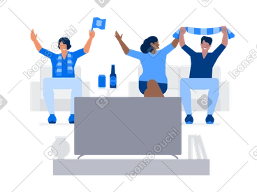 Sports fans watch the Olympic Games on TV, hold fan scarves in their hands PNG, SVG