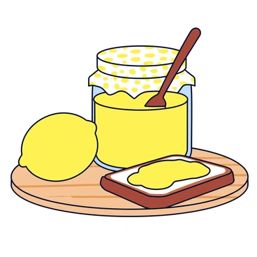 A glass jar filled with homemade lemon marmalade, showcasing the bright golden color of the spread. The jar is sealed with a patterned fabric lid and has a wooden spoon resting beside it. Next to the jar, there is a whole yellow lemon with a smooth skin, displaying its vibrant color. A slice of golden-brown toast sits on a wooden table, slightly angled, with a generous spread of the lemon marmalade on top. The table has a warm, natural wood texture that enhances the rustic feel of the scene.