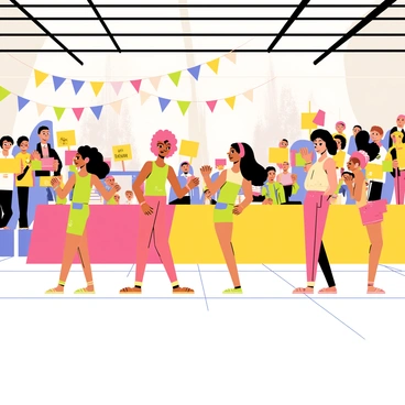 A vibrant aerobics competition taking place in a large gymnasium filled with colorful decorations. In the foreground, a group of women in eye-catching 1980s retro outfits, featuring high-cut leotards in neon pink, green, and yellow, are energetically performing synchronized aerobic moves. Their hairstyles are large and voluminous, with big curls and headbands. The judges are seated at a table covered with bright banners and are watching attentively. Spectators in the background are cheering and holding colorful signs. The atmosphere is lively and full of energy, capturing the essence of the 1980s aerobics craze.