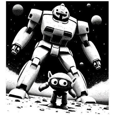 A small, stylized robot with large expressive eyes is positioned in a dynamic pose, showcasing a determined expression. The robot is surrounded by various metallic elements that suggest the remnants of a fierce battle. A giant robot towers above, imposing and menacing, with exaggerated features emphasizing its enormous size. The background is filled with stars and planets, adding a sense of vastness to the scene. The contrast between the small robot and the giant robot creates a feeling of tension and excitement, emphasizing the action of the battle.