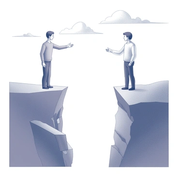 Two people stand on opposite sides of a widening chasm. The first person, on the left, has their arms extended towards the other, displaying a sense of urgency. The second person, on the right, mirrors this gesture, stretching their hand out in response. The chasm between them is deep and jagged, with rocky edges contrasting sharply. Above, a cloudy sky looms, adding to the dramatic atmosphere of the scene. The individuals are focused on each other, illustrating a moment of connection amidst the divide.