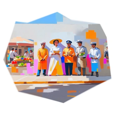 A large community mural painted on a city wall showcases a diverse group of local heroes, each figure representing different aspects of the area's vibrant history. The mural features a prominent female figure, dressed in traditional attire, holding a book and symbolizing education. To her right stands a male figure, adorned in a uniform, representing the local fire department, while another figure to her left, a farmer with a basket of produce, highlights the agricultural roots of the community. Behind them, various scenes depict historical events, such as a bustling marketplace and a celebration of cultural heritage. The colors in the mural are bright and lively, drawing attention to the details of each character and scene, creating a rich visual narrative of the community's past and its heroes.