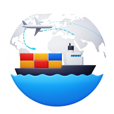 A 3D icon of a cargo ship with containers stacked on its deck. The ship is depicted navigating through blue ocean waters. Nearby, a commercial airplane soaring above the ship, with its wings extended and contrails trailing behind it. Both elements are connected by dotted lines symbolizing trade routes, illustrating a global network. The background features a simplified globe with continents highlighted to show the connectedness.