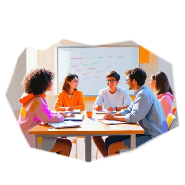A group of diverse students is seated around a large table in a classroom, participating in a language class. Each student has a notebook or textbook in front of them. A young woman with curly hair is animatedly speaking, while a young man with glasses listens attentively and takes notes. Another student, a girl with straight brown hair, is sharing her thoughts with a friendly smile. The atmosphere is dynamic and focused, with students exchanging ideas in pairs and small groups. A whiteboard in the background features vocabulary words and phrases related to their conversation topic.