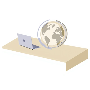 A sleek, metallic globus featuring detailed continents and lines of longitude and latitude sits prominently on a minimalist office desk. The desk is made of smooth, light-colored wood, with clean lines and an uncluttered surface. To the side of the globus, a silver laptop with a closed lid rests on the desk, reflecting a soft sheen from the overhead light. The background is simple and neutral, emphasizing the modern design of the desk and the globus.