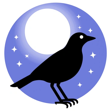 A mockingbird is positioned in profile, with its wings slightly extended, creating a clear silhouette. The full moon occupies a prominent spot in the background, casting a soft light that highlights the bird's shape. Surrounding the moon, a multitude of twinkling stars glimmer in the night sky, adding depth to the scene. The overall composition captures a tranquil evening atmosphere, focusing on the contrast between the dark mockingbird and the illuminated celestial elements.