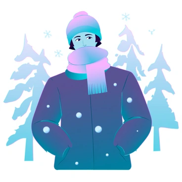 A person with medium skin wearing a thick, puffy winter jacket, a woolen hat, and a scarf wrapped snugly around their neck. Their hands are tucked deep into their jacket pockets. The face is partially covered by the scarf, revealing only their eyes, which are bright and focused. Snowflakes are gently falling around them, creating a delicate blanket of white on the ground. The background features a soft blur of snow-covered trees, enhancing the winter atmosphere.