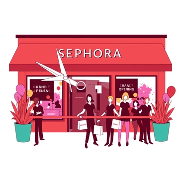 A vibrant red Sephora store is adorned with colorful decorations, including balloons and banners that read "Grand Opening." The entrance features an elegant display of flowers in teal pots, creating a welcoming atmosphere. In front of the store, a group of excited customers stands, holding gift bags with the Sephora logo. A large pair of scissors, shiny and metallic, is poised above a bright red ribbon that stretches across the entrance. Store employees, dressed in black uniforms, are smiling and ready to greet the guests as they prepare for the ribbon-cutting ceremony.