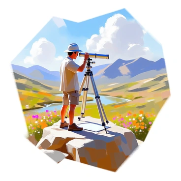 A surveyor with light skin and short brown hair is standing on a rocky outcrop, holding a telescope in one hand and a clipboard in the other. He is wearing a khaki shirt and cargo shorts, with a wide-brimmed hat to shield him from the sun. The scenic landscape before him includes rolling green hills, a winding river, and patches of wildflowers in vibrant colors. In the distance, majestic mountains rise under a clear blue sky, dotted with fluffy white clouds. The surveyor is focused intently on the view through the telescope, capturing details of the terrain below.
