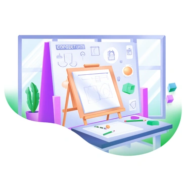 A bright, open space featuring a large wall covered with "conceptual sketches" and "ideas." The sketches include various designs and shapes, with some drawings in vibrant colors, while others are in monochrome. In front of the wall, there is a wooden easel holding an empty sketch pad, along with scattered colored pencils and markers on a nearby table. The floor is light-colored, and large windows allow natural light to pour in, illuminating the area. Adding to the atmosphere, there are a few potted plants placed around the room, enhancing the creative environment.