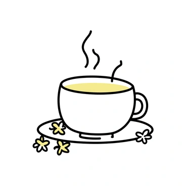 A steaming cup of "honeysuckle tea" sits on a simple white saucer. The tea is a light golden color, with wisps of steam rising from the surface. Scattered around the cup are several "honeysuckle blossoms," featuring delicate white and yellow petals. The blossoms are arranged casually, emphasizing their organic shape and soft curves. The background is neutral, ensuring the focus remains on the cup and the flowers.