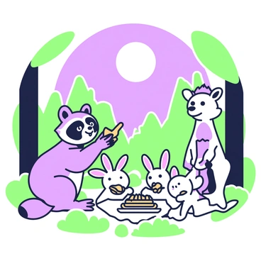 A variety of animals are gathered in a forest clearing under the moonlight. A raccoon, with its distinctive facial markings, is holding a churro in its paws, eagerly taking a bite. Nearby, a curious deer is watching, its large eyes reflecting the soft light. A group of rabbits is sitting together, sharing a plate of churros, their ears perked up as they nibble. In the background, tall trees frame the scene, their leaves gently rustling in the night breeze. The moon casts a soft glow over the animals, creating a whimsical atmosphere.