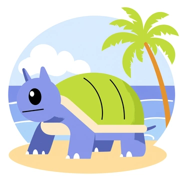 A blue Blastoise standing on a sandy beach. The Blastoise has its iconic shell with two large cannons protruding from the back. In the background, there are tall coconut trees swaying gently in the breeze. The scene includes a clear blue sky filled with a few fluffy white clouds. The ocean waves gently lap at the shore, creating a picturesque tropical island paradise atmosphere.