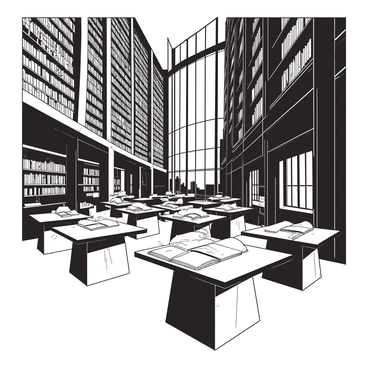 A large main hall of a library features towering bookshelves filled with countless books reaching towards a high ceiling. The shelves are made of dark wood, giving a rich texture to the scene. In the center of the hall, several reading tables are arranged, each covered with open books, notebooks, and reading lamps. Large windows line the walls, allowing natural light to flood the space, illuminating the details of the room. The floor is made of polished marble, reflecting the grandeur of the library's architecture.