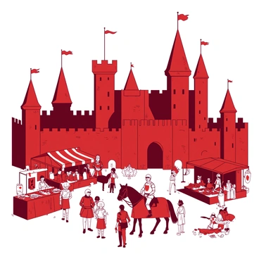 A red medieval castle towers in the background, featuring tall stone walls and tall towers with flags fluttering in the wind. In front of the castle, a central courtyard is bustling with activity. Various knights in shining armor are interacting with each other, some mounted on horses. Vendors are set up with colorful stalls, displaying goods such as fabric, food, and weaponry. People are engaged in lively conversations, and children are playing in the corner of the courtyard. The atmosphere is vibrant and filled with the sounds of laughter and chatter.
