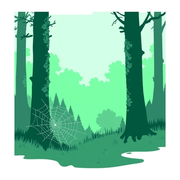 A green forest is enveloped in thick morning fog, creating a sense of mystery. The tall trees stretch upwards, their trunks covered in rich green moss. Dew-covered spider webs glisten like diamonds, intricately woven between the branches and blades of grass. Patches of light filter through the fog, illuminating the delicate droplets on the webs. In the background, faint silhouettes of additional trees can be seen, adding depth to the serene atmosphere of the forest.