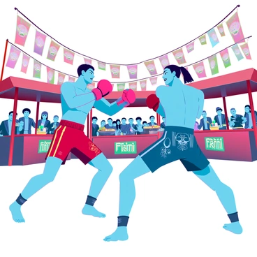 A dynamic muay thai demonstration in the midst of a lively Thai cultural festival. Two fighters, one with a muscular build and the other lean and agile, are engaged in a fierce match, showcasing their techniques and movements. The fighter on the left has short black hair and is wearing traditional red shorts adorned with gold patterns, while the fighter on the right has long hair tied back and is in blue shorts with silver designs. Surrounding them, a vibrant crowd of spectators is cheering, with colorful traditional Thai decorations and banners in the background. Various food stalls are set up, filled with colorful dishes and drinks, adding to the festive atmosphere. The bright sunlight casts lively shadows across the scene, enhancing the excitement of the event.