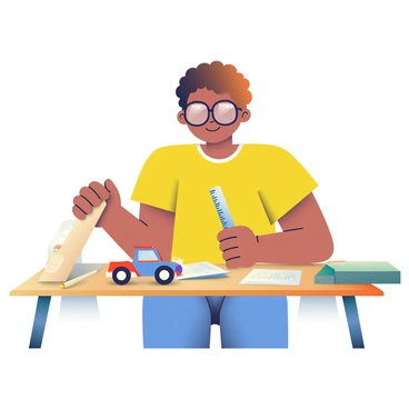 A child with short curly hair and wearing glasses is conducting a science experiment on a wooden table. The child is dressed in a bright yellow t-shirt and blue jeans. In front of the child, there is a toy car painted in red and blue. The table is covered with various surfaces such as sandpaper, carpet, and smooth plastic. The child is holding a ruler in one hand to measure the distance the car travels. There are small notes and a pencil placed next to the child, indicating observations from the experiment. A focused expression is on the child's face as they prepare to roll the car down a ramp made of cardboard.