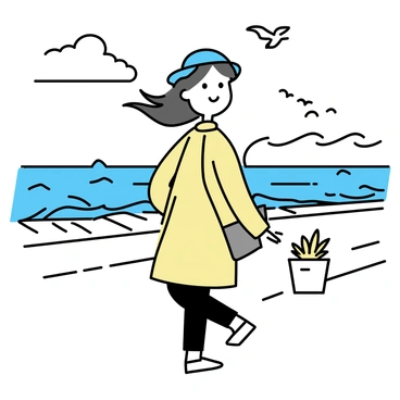 A woman wearing a "cloche hat" is walking along a "windy seaside boardwalk." Her long hair is blowing in the breeze. She is dressed in a "light-colored coat" that flutters slightly in the wind. The boardwalk is made of "wooden planks" and is lined with "potted plants" on either side. In the background, there are "gentle waves" crashing against the shore, and a few "seagulls" are flying overhead. The sky is "partly cloudy" with patches of blue peeking through.