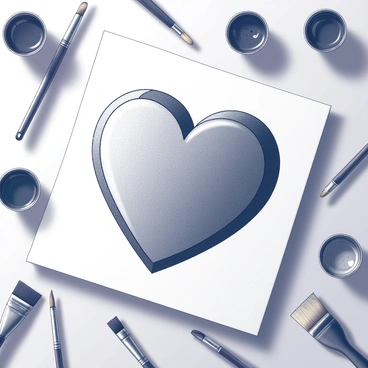A large heart shape is prominently displayed in the center of the canvas. The heart is drawn with bold lines, showcasing its outline clearly. Surrounding the canvas are several paintbrushes of varying sizes, some lying flat and others leaning against the edge. Scattered around them are several containers filled with various colors of paint, with some paint drips spilling onto the surface. The overall arrangement emphasizes the theme of artistic creation.
