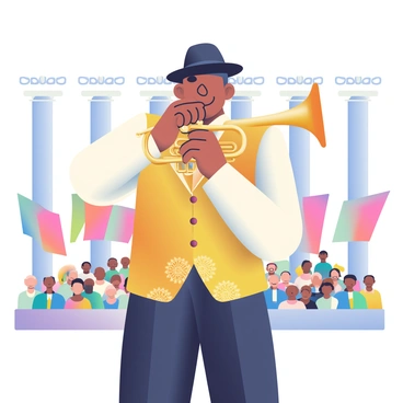 A trumpet player with dark skin and a stylish black hat is standing confidently while performing a fanfare at a grand ceremony. He is wearing a crisp white shirt and a shimmering gold vest, which catches the light. His lips are pressed against the brass trumpet, which has intricate engravings. In front of him, a large crowd is gathered, their attention focused on his performance. Colorful banners and flags are displayed around the venue, fluttering gently in the breeze. Behind him, elegant columns and ornate decorations are visible, highlighting the grandeur of the ceremony.