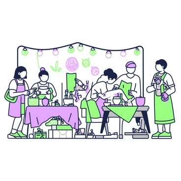 An artisan market showcasing handmade crafts, with artists working on their creations.