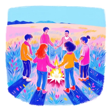 A group of six people stands in a circle, holding hands. They are of diverse backgrounds, including a man with short black hair, a woman with curly red hair, a person with long brown hair tied in a ponytail, and another with a shaved head. Each person is dressed in casual clothing in various colors, creating a vibrant scene. In the center of the circle, there is a glowing flame emanating warm light. The background consists of a grassy field that extends towards a clear blue sky.