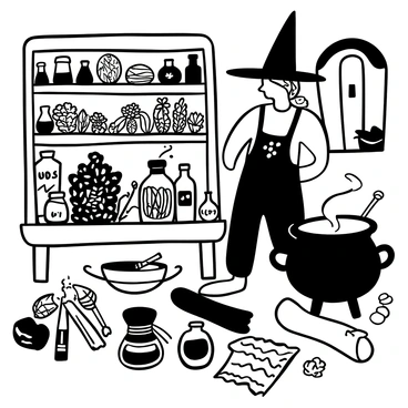 A witch with a pointed hat is standing in an apothecary filled with shelves lined with jars and bottles. She is carefully organizing an array of herbs, placing bundles of dried leaves and flowers on a wooden table. Several potions with intricate labels are arranged beside the herbs. A large cauldron simmers nearby, with steam rising above it. Various tools, such as glass beakers and mortar and pestle, are scattered around the workspace. A scroll with handwritten notes is partially unrolled on the table. The atmosphere is filled with a sense of focused activity as the witch arranges her ingredients.