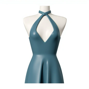A halter neck blouse with a fitted bodice and an elegant open back. The blouse is crafted from a luxurious fabric, featuring a rich deep blue color that catches the light. It has a subtle sheen, enhancing its evening wear appeal. The straps gently wrap around the neck, showcasing the shoulders, while the back remains completely open, creating a sophisticated silhouette. The blouse drapes gracefully over the waist, complemented by a flowing skirt in a contrasting color, creating a stylish outfit perfect for an evening event.