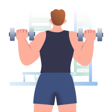 A close-up illustration of a person demonstrating correct posture during a dumbbell front raise. The individual has short brown hair and is wearing a fitted black athletic tank top and navy blue workout shorts. They are holding a pair of silver dumbbells at shoulder height with their arms extended in front of them. Their elbows are slightly bent, and their wrists are straight, maintaining a firm grip on the weights. The person's posture is upright, with shoulders back and engaged core. In the background, there is a soft gradient hinting at a gym environment, with abstract shapes resembling gym equipment.