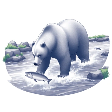 A grizzly bear is positioned in a rushing river, its powerful body poised in mid-action. The bear’s fur is thick and textured, capturing the intricate details of its natural habitat. It is focused intently on a salmon swimming upstream, with water splashing around its paws and creating dynamic movement. The river flows rapidly, with rippling currents that enhance the sense of motion in the scene. The surrounding environment includes rocky banks and patches of greenery, providing a vivid backdrop to this moment of nature.