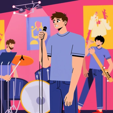 Scott, a young man with short, tousled brown hair, is backstage in a vibrant music venue. He wears a casual blue t-shirt and jeans, his fingers nervously fidgeting with the microphone cord. Dim stage lights cast a warm glow on him as he glances at his friends, who are tuning their instruments nearby. In the background, colorful posters of famous bands decorate the walls. A guitar rests against an amplifier, and a drum set is visible, waiting for the performance to start. Scott takes a deep breath, his expression a mix of excitement and anxiety.