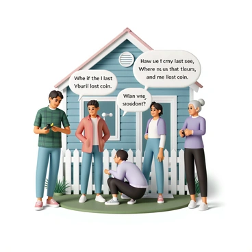 A group of four neighbors stands outside a cozy house with a light blue exterior and a white picket fence. One neighbor, a middle-aged man wearing a green plaid shirt and blue jeans, is holding a flashlight, scanning the grass. Another neighbor, a young woman in a purple sweater and black leggings, is kneeling down, searching among the flower beds. A third neighbor, an elderly lady with silver hair in a bun, is standing with her hands on her hips, offering suggestions. The central figure, a woman wearing a red jacket and jeans, looks relieved and grateful as she explains where she last saw her "lost coin". The scene is filled with a sense of community and cooperation.
