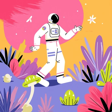 An astronaut wearing a white space suit is walking on a vibrant alien planet covered in a variety of unusual, colorful plants. The landscape includes large, spiky plants with bright red and purple hues, as well as oversized mushrooms in shades of blue and green. Strange creatures, resembling both animals and plants, are scattered throughout the scene, some with translucent wings and others with glowing patterns on their bodies. The sky above is a deep, swirling mix of pink and orange, casting a surreal light over the entire scene. The astronaut is reaching out to touch one of the colorful plants, showing curiosity and wonder.