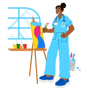 A nurse wearing light blue scrubs stands in a bright studio, creating a colorful painting on a canvas mounted on an easel. She holds a variety of paintbrushes in one hand, while the other hand is poised to add vibrant strokes to the canvas. The studio is filled with splashes of color, with paint pots arranged neatly on a nearby table. Sunlight filters through a window, illuminating the nurse's focused expression as she brings her artwork to life. The painting features bold swirls of red, blue, and yellow.