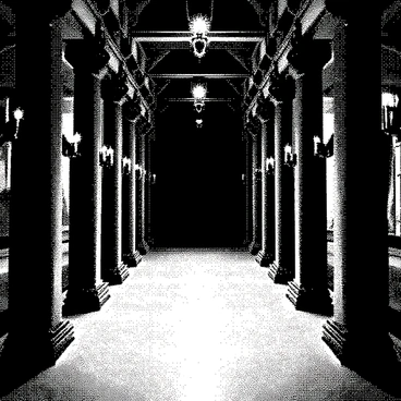 A grand hallway stretches into the distance, lined with tall, ornate columns on either side. The floor is made of polished stone, reflecting the dim light from floating candles that hover in the air. These candles are arranged at varying heights, their flames flickering gently. Shadows are cast on the walls, creating intricate patterns that dance along the surfaces. The ceiling is high and features detailed moldings, adding to the sense of grandeur in the space. The atmosphere is filled with a soft glow, highlighting the rich textures and architectural details throughout the hallway.