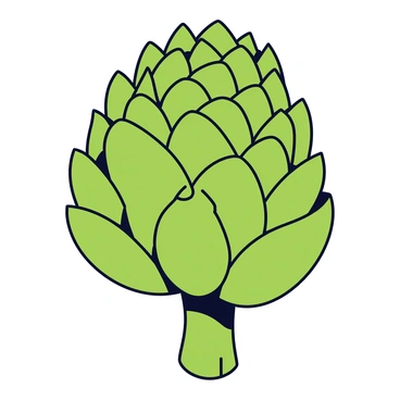 An artichoke with tightly packed green leaves that taper to a point. The leaves are layered in a circular pattern, showcasing a variety of textures and shapes. The artichoke is positioned upright, revealing its complex structure. Intricate shading enhances the depth and dimension of the leaves, emphasizing their curves and folds, while a few drops of water are depicted on the surface to suggest freshness. The background is plain to keep the focus on the artichoke.