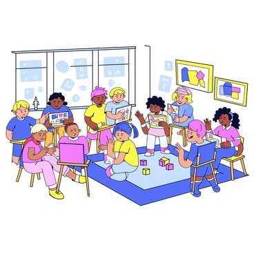 A lively kindergarten classroom filled with children engaged in painting at small easels. Each easel holds a canvas displaying colorful artwork. Some children are using brushes to apply bright paint, while others are mixing colors on palettes. The classroom has bright posters on the walls featuring letters and numbers. There is a rug in the center where a few children are playing with blocks. Sunlight streams through the windows, illuminating the cheerful atmosphere of creativity and collaboration.